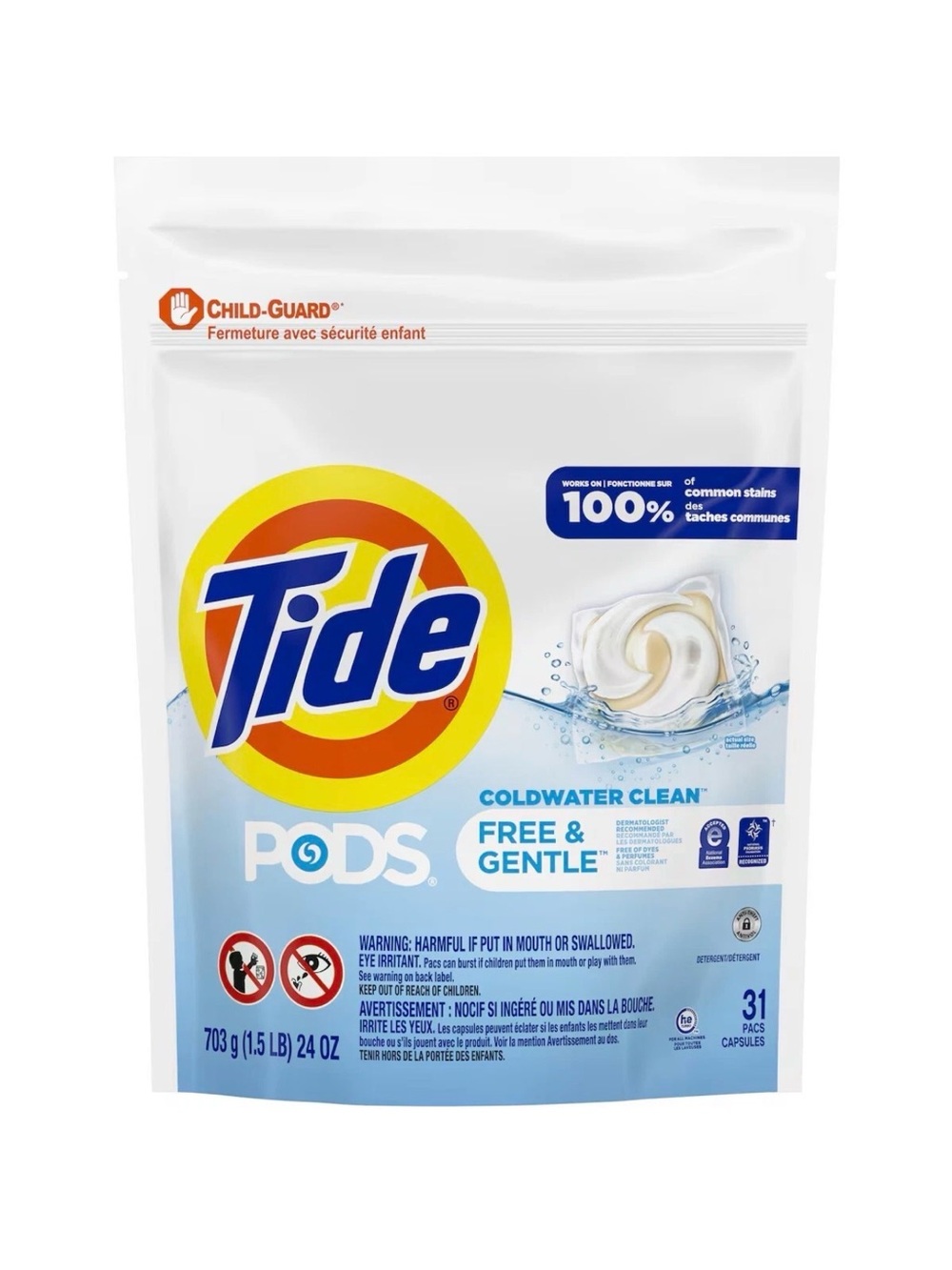 Tide PODS Laundry Detergent Soap Pacs, Free and Gentle, Hypoallergenic, 31 Count